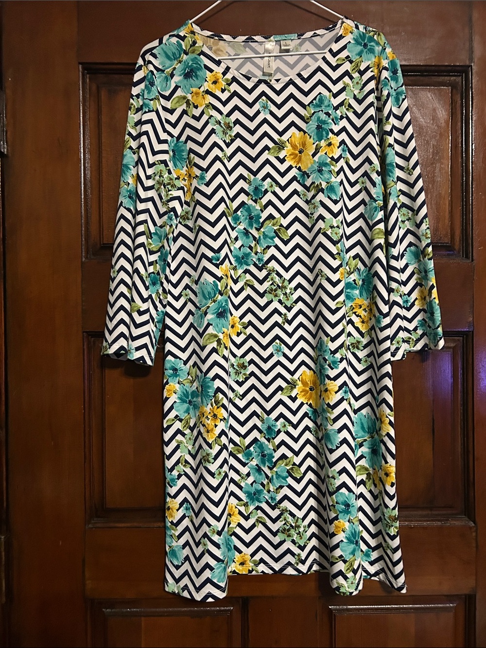 Tacera Floral Chevron Long-Sleeve Shift Dress in Teal & Yellow